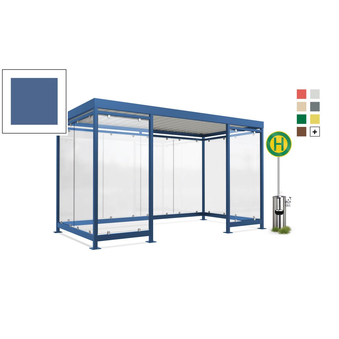 Fahrgastunterstand, Raucherunterstand, geschweißt, Aufdübeln, 12-13 Personen, 2.440 x 4.195 x 2.165 mm (HxBxT), 10 Wände, braunrot