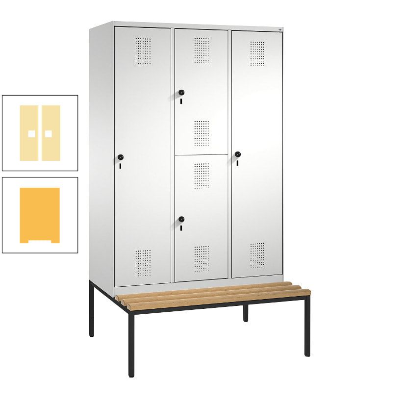 Garderobenschrank, Spind ein- und doppelstöckig Sitzbank, 3 Abteile, 4 Fächer, 2.090x1.200x500 mm (HxBxT), Front anthrazitgrau, Korpus anthrazitgrau