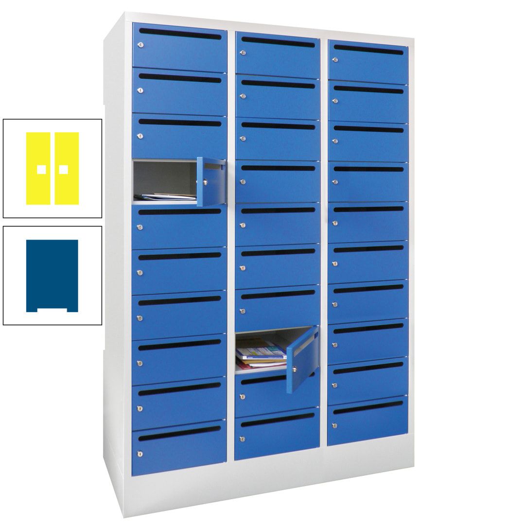 Postverteilerschrank, Schließfachschrank, 3 Abteile a 300 mm, 30 Fächer, 1.850 x 900 x 500 mm (HxBxT), Korpus anthrazitgrau, Front anthrazitgrau