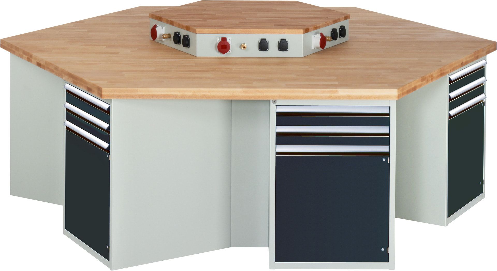 Gruppenwerkbank, Buche, Höhe 840 mm, mit Energieaufsatz, Unterbau-Container, 2 Schubladen, 1 Tür, 1 Boden - Anthrazitgrau