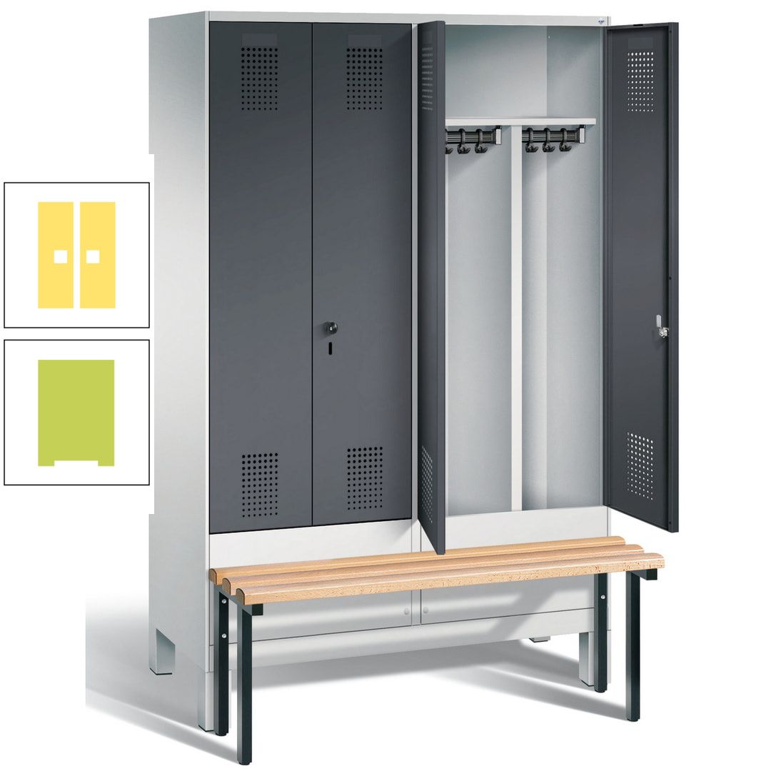 Doppel-Spind, Garderobenschrank, Buche Sitzbank vorgebaut, 4 Abteile a 300 mm, Korpus feuerrot, Tür Wasserblau, 1.850 x 1.200 x 815 mm (HxBxT)