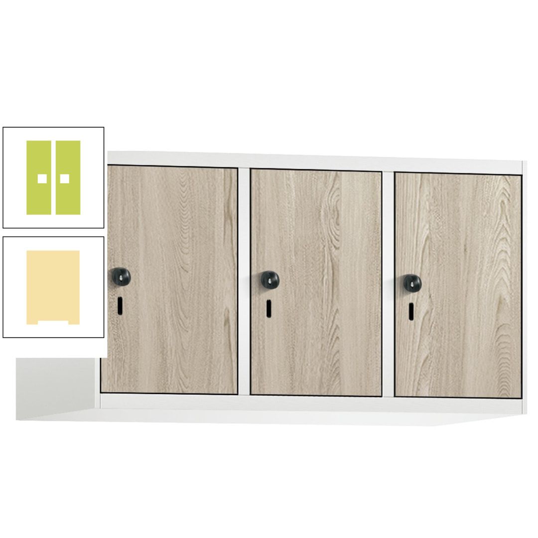 Aufsatzschrank, Schrankaufsatz, 3 Fächer a 300 mm, Farbe Pastellgelb, Tür anthrazitgrau, 500 x 900 x 500 mm (HxBxT)