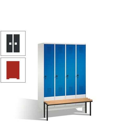 Stahl-Garderobenschrank, Spind, Buche Sitzbank vorgebaut, 4 Abteile a 300 mm, Korpus Lichtgrün, Tür Schwefelgelb, 1.850 x 1.200 x 815 mm (HxBxT)
