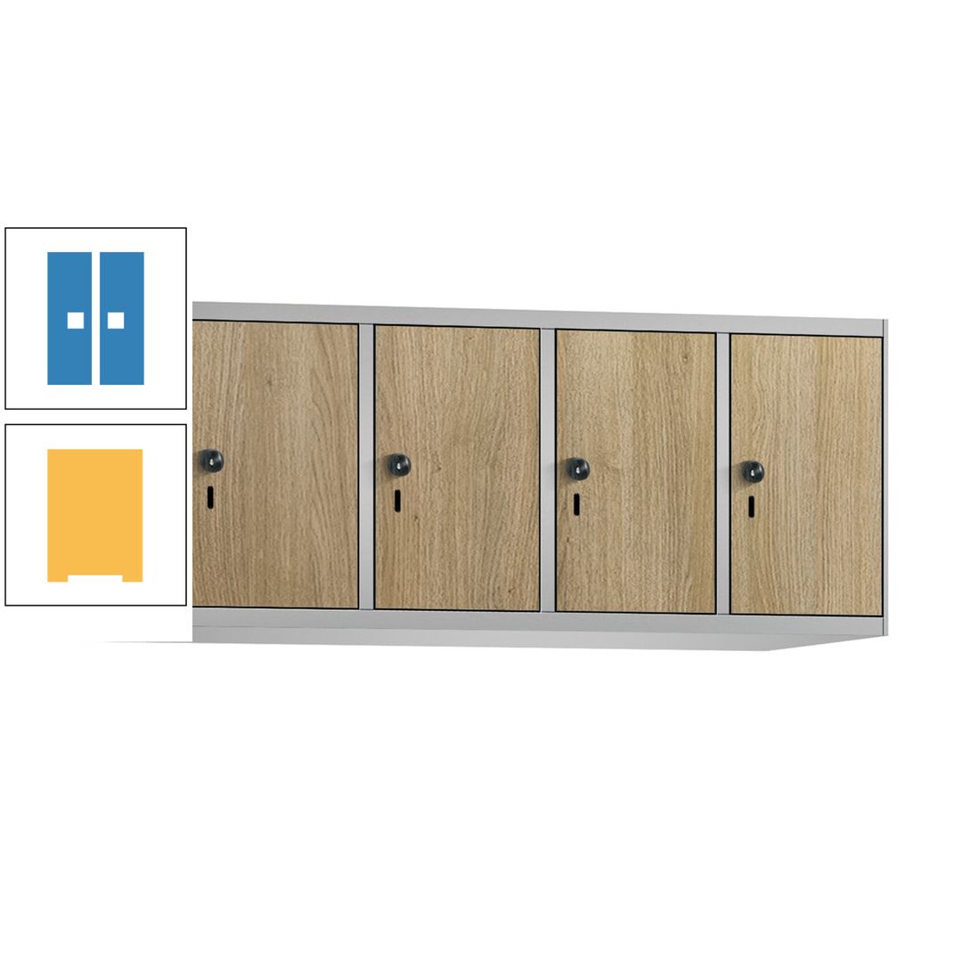 Aufsatzschrank, Schrankaufsatz, 4 Fächer a 300 mm, Farbe Pastellgelb, Tür anthrazitgrau, 500 x 1.200 x 500 mm (HxBxT)