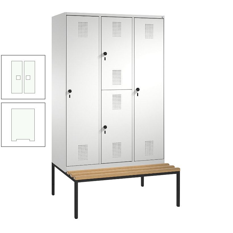 Garderobenschrank, Spind ein- und doppelstöckig Sitzbank, 3 Abteile, 4 Fächer, 2.090x1.200x500 mm (HxBxT), Front anthrazitgrau, Korpus anthrazitgrau