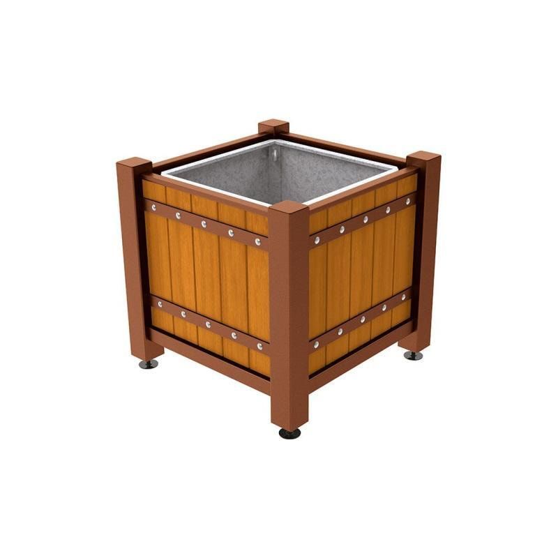 Pflanzbehälter, Pflanzgefäß, verzinkt, Eichenholzverkleidung, innen feuerverzinkt mit Verladungsgriffen , 855 x 880 x 880 mm(HxBxT), enzianblau
