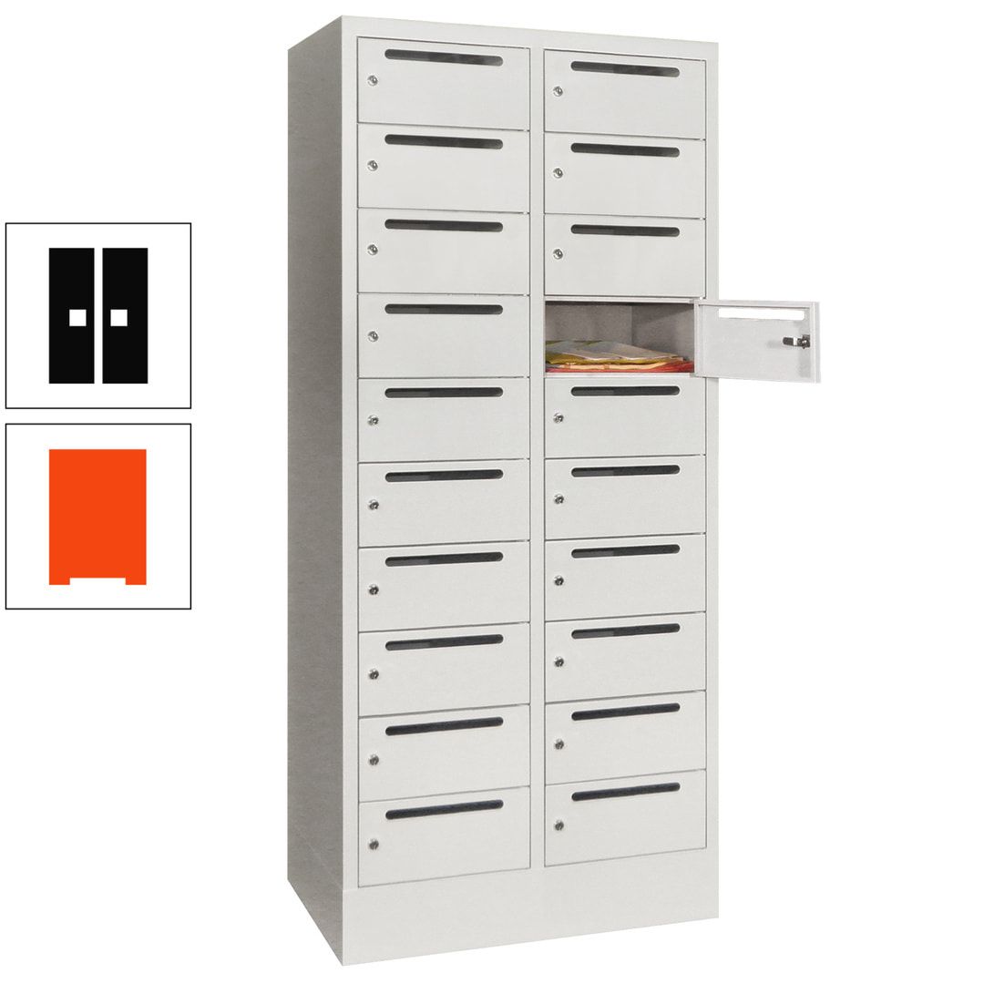 Postverteilerschrank, Schließfachschrank, 2 Abteile a 400 mm, 20 Fächer, 1.850 x 800 x 500 mm (HxBxT), Korpus anthrazitgrau, Front anthrazitgrau