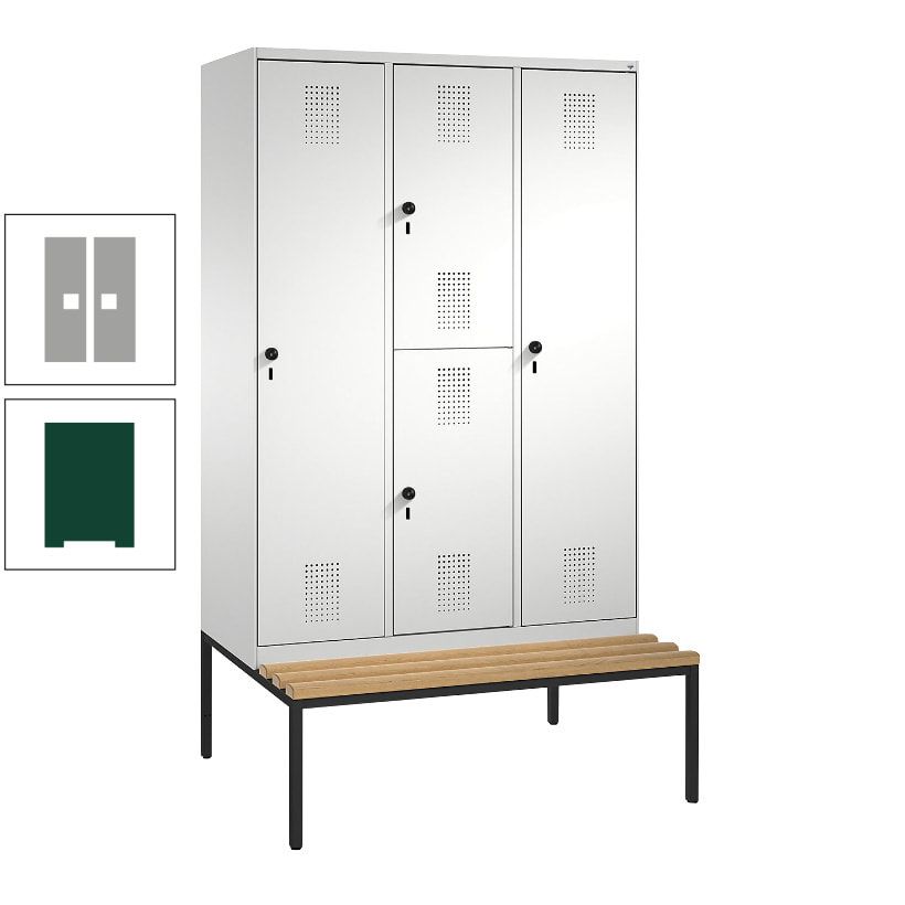 Garderobenschrank, Spind ein- und doppelstöckig Sitzbank, 3 Abteile, 4 Fächer, 2.090x1.200x500 mm (HxBxT), Front anthrazitgrau, Korpus anthrazitgrau