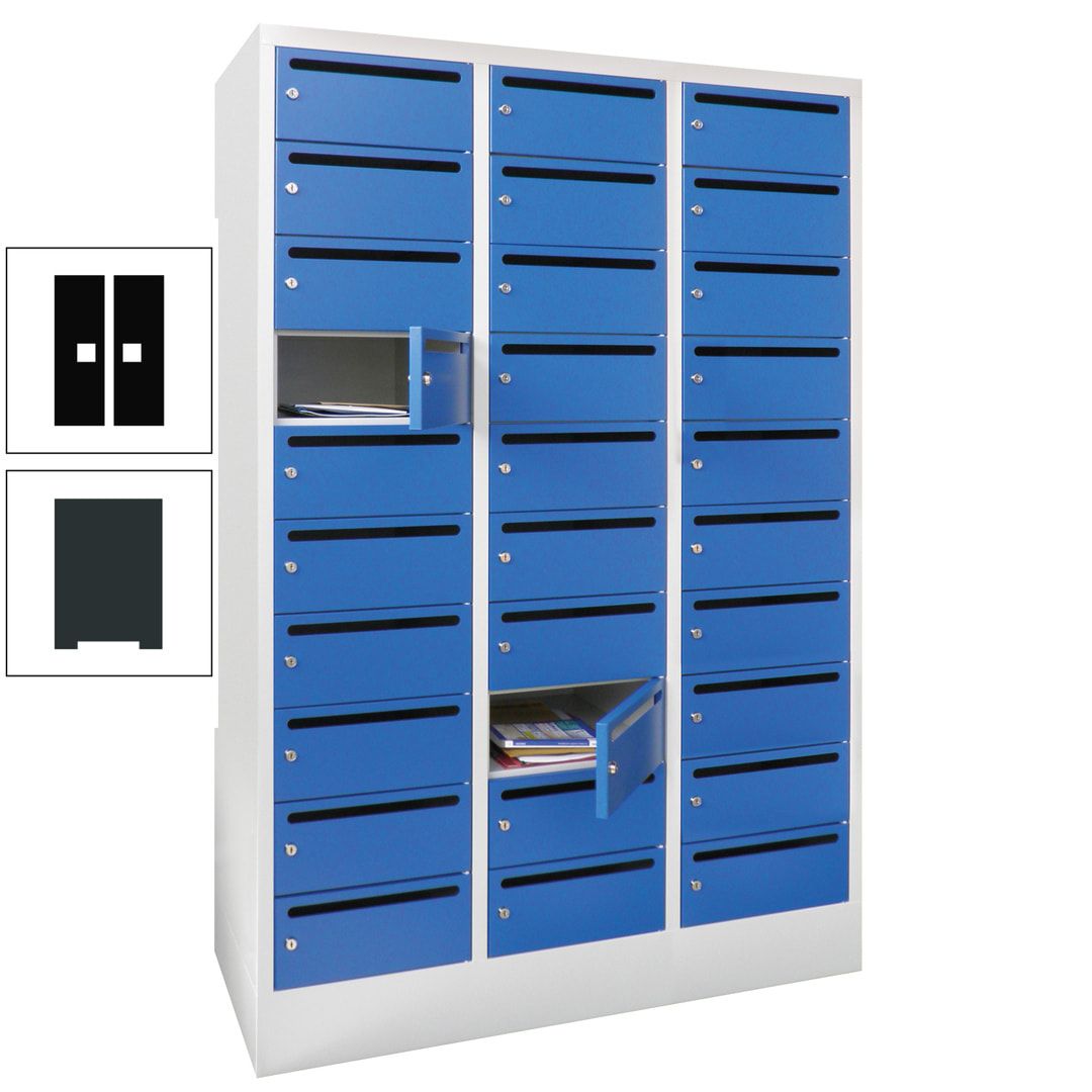 Postverteilerschrank, Schließfachschrank, 3 Abteile a 300 mm, 30 Fächer, 1.850 x 900 x 500 mm (HxBxT), Korpus anthrazitgrau, Front anthrazitgrau