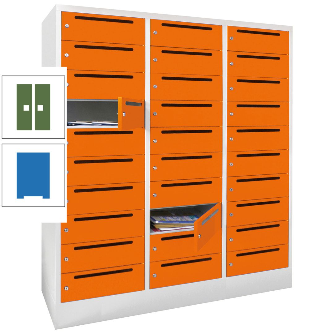 Postverteilerschrank, Schließfachschrank, 3 Abteile a 40 cm, 30 Fächer, 1.850 x 1.200 x 500 mm (HxBxT), Korpus anthrazitgrau, Front anthrazitgrau