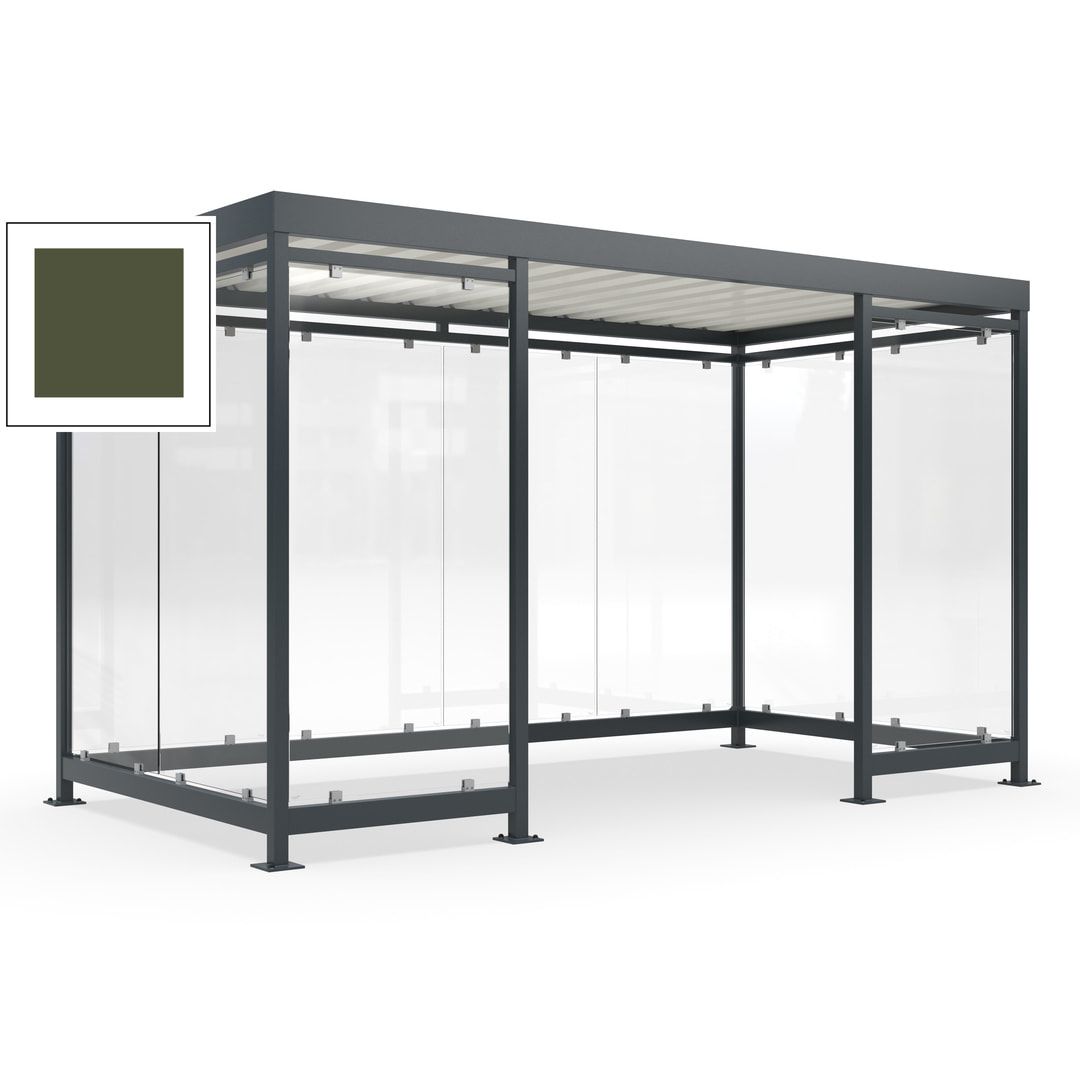 Fahrgastunterstand, Raucherunterstand, fertig montiert, Aufdübeln, 12-13 Personen, 2.510 x 4.195 x 2.165 mm (HxBxT), 10 Wände, Achatgrau
