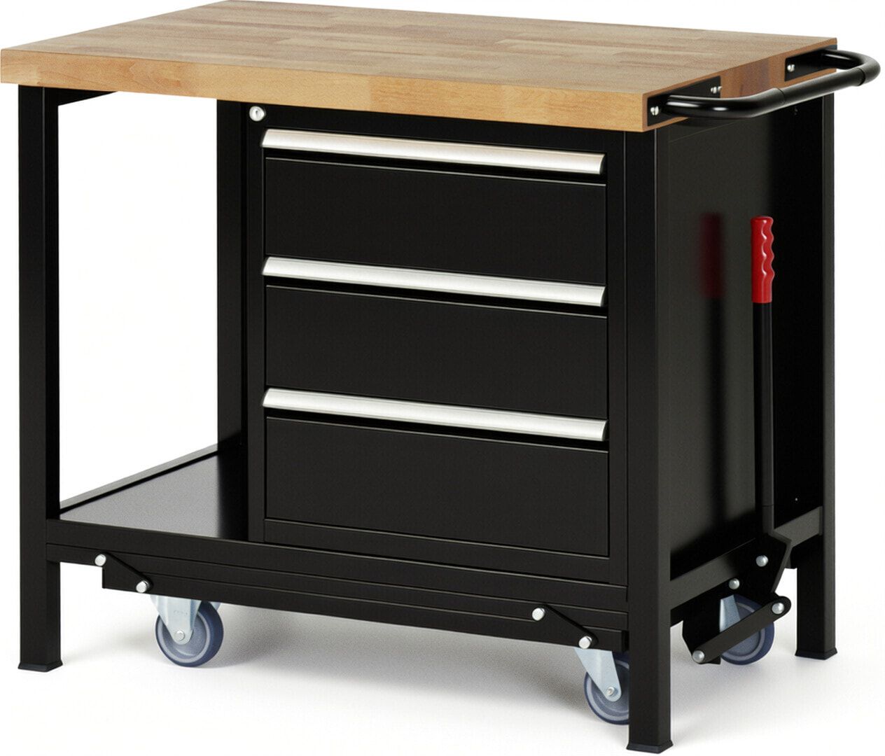 Mobile absenkbare Werkbank mit 3 Schubladen - Teilauszug - 180:3 - 880 x 1.000 x 700 mm (HxBxT) - 1,25 t - Buche - Anthrazitgrau