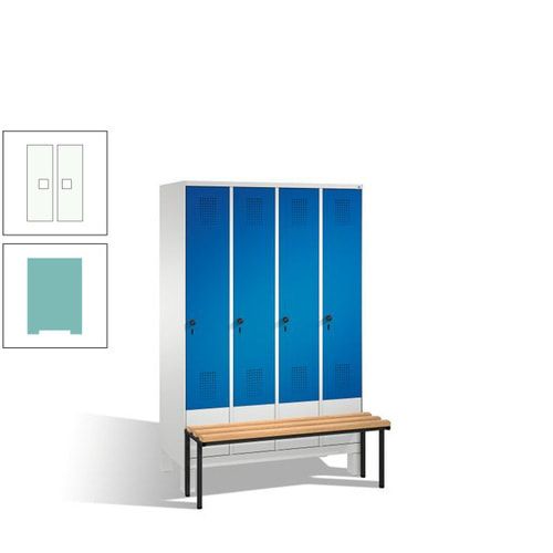 Stahl-Garderobenschrank, Spind, Buche Sitzbank vorgebaut, 4 Abteile a 300 mm, Korpus Lichtgrün, Tür Schwefelgelb, 1.850 x 1.200 x 815 mm (HxBxT)