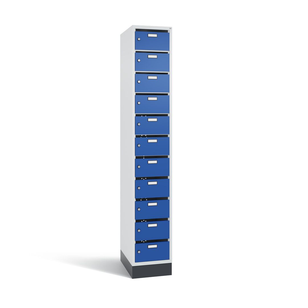 Postverteilerschrank, Schließfachschrank, mit Sockel, 11 Fächer, 1.950 x 320 x 500 mm (HxBxT), Korpus lichtgrau, Tür anthrazitgrau