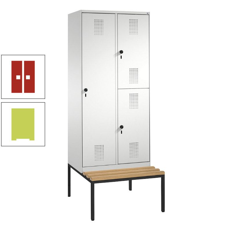 Garderobenschrank, Spind ein- und doppelstöckig Sitzbank, 2 Abteile, 3 Fächer, 2.090 x 800 x 500 mm (HxBxT), Front anthrazitgrau, Korpus anthrazitgrau
