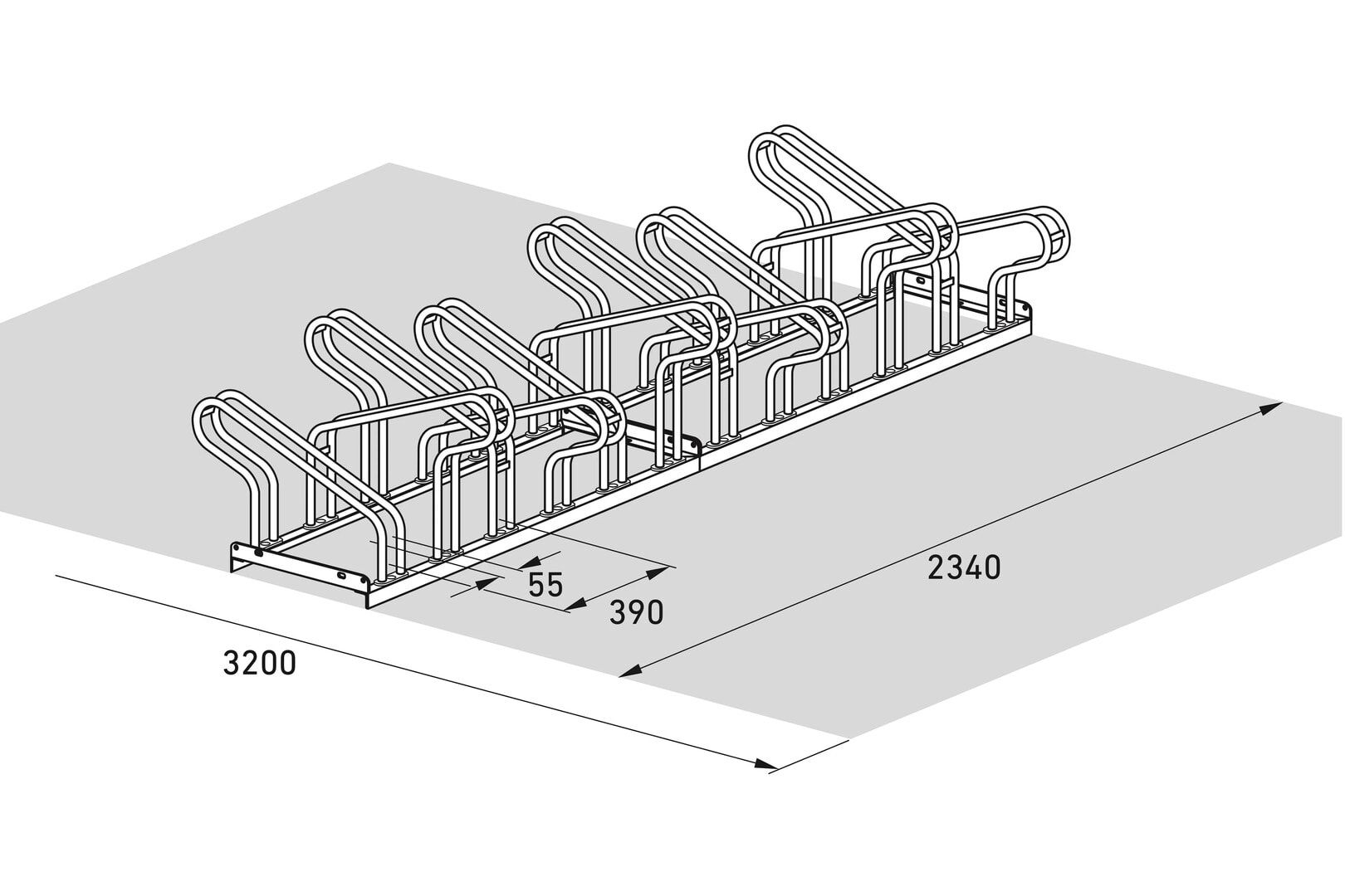 Fahrrad-Bügelparker, Rundrohr, Silber, Stahl, 12 Stellplätze, für extrabreite Fahrräder, höhenversetzt, Reihenverbindung, 415 x 2.340 x 687 mm (HxBxT)