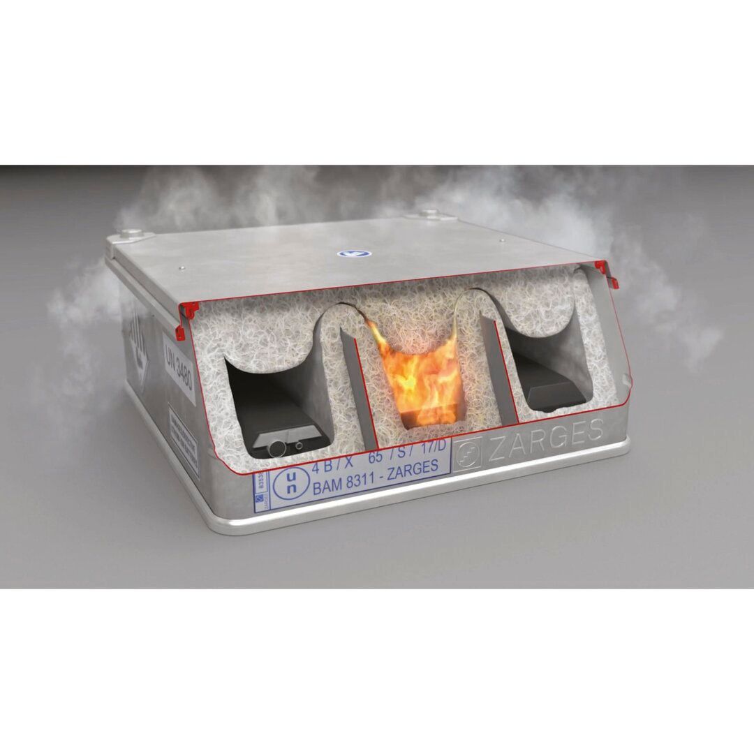 Akku-Safe, Transportbox Lithium Batterien, Brandschutz, Aluminium, 250x600x600 mm (HxBxT), 67 l Vol, Polsterung feuerfest , staubfrei, Federfallgriff