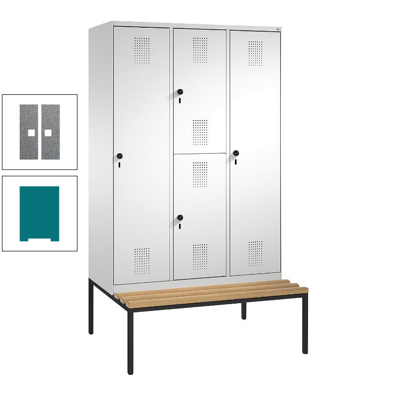 Garderobenschrank, Spind ein- und doppelstöckig Sitzbank, 3 Abteile, 4 Fächer, 2.090x1.200x500 mm (HxBxT), Front anthrazitgrau, Korpus anthrazitgrau