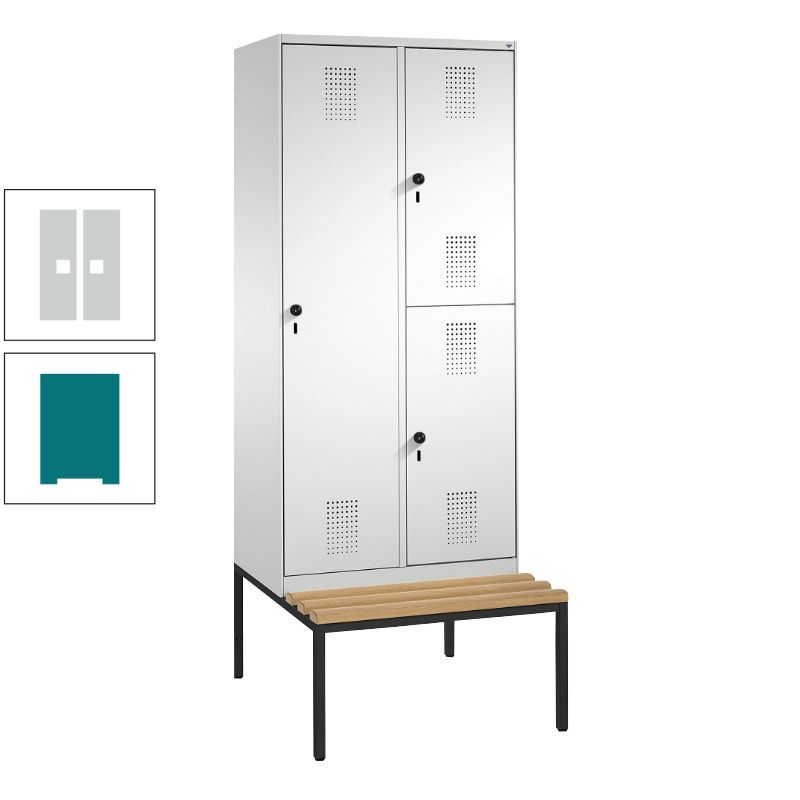 Garderobenschrank, Spind ein- und doppelstöckig Sitzbank, 2 Abteile, 3 Fächer, 2.090 x 800 x 500 mm (HxBxT), Front anthrazitgrau, Korpus anthrazitgrau