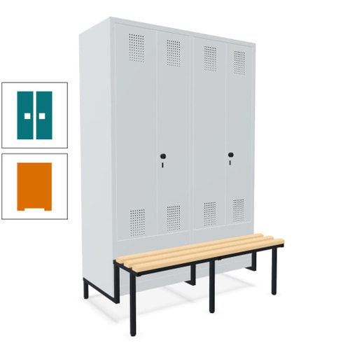 Doppel-Spind, Garderobenschrank, Buche Sitzbank integriert, 4 Abteile 300 mm, Korpus anthrazitgrau, Tür anthrazitgrau, 1.850 x 1.200 x 815 mm (HxBxT)