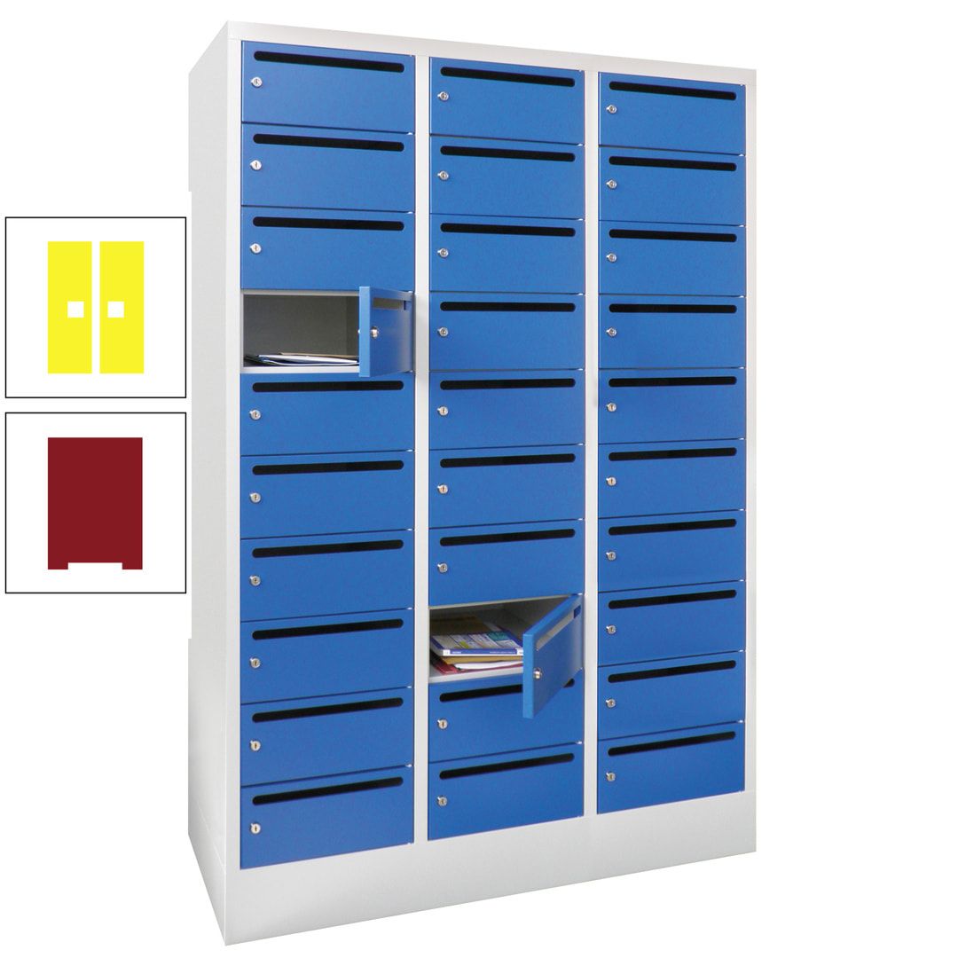 Postverteilerschrank, Schließfachschrank, 3 Abteile a 300 mm, 30 Fächer, 1.850 x 900 x 500 mm (HxBxT), Korpus anthrazitgrau, Front anthrazitgrau
