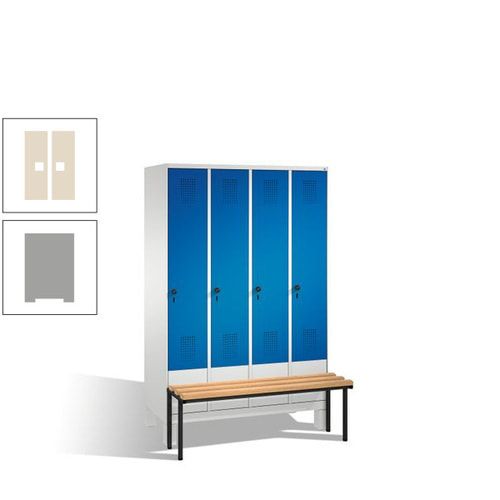 Stahl-Garderobenschrank, Spind, Buche Sitzbank vorgebaut, 4 Abteile a 300 mm, Korpus Lichtgrün, Tür Schwefelgelb, 1.850 x 1.200 x 815 mm (HxBxT)