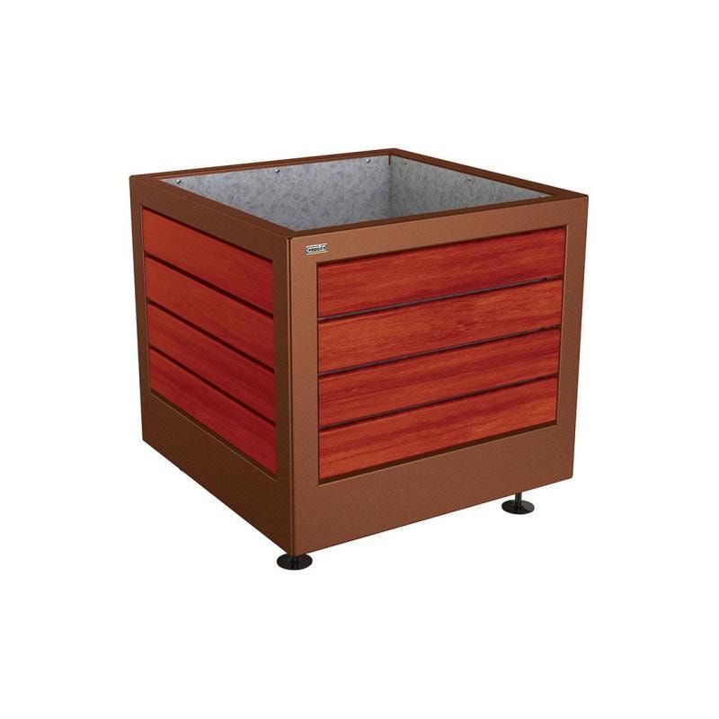Pflanzbehälter, Stahl und Holz, verstellbare Füße, Innenverkleidung feuerverzinkt mit Verladungsgriffen, 700 x 800 x 800 mm (HxBxT), Farbe enzianblau
