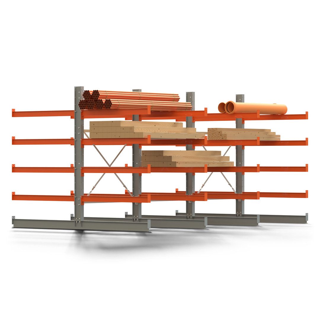 Doppelseitiges Kragarmregal, 2 Felder, 2.000 x 2.560 x 1.120 mm (HxBxT), Nutztiefe 500 mm, Kragarmlast 870 kg, KARL basic, silbergrau/reinorange