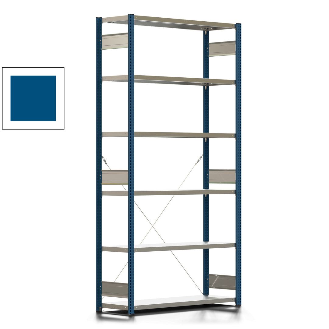 Fachbodenregal mit Tiefenriegel - 350 kg - 2.500 x 1.285 x 426 mm (HxBxT) - Anbauregal - 6 Böden - enzianblau - Lagerregal - Steckregal BERT