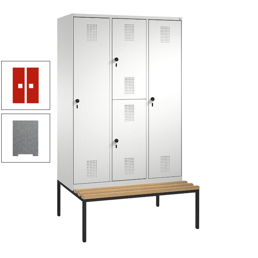 Garderobenschrank, Spind ein- und doppelstöckig Sitzbank, 3 Abteile, 4 Fächer, 2.090x1.200x500 mm (HxBxT), Front anthrazitgrau, Korpus anthrazitgrau