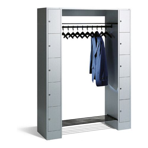 Garderobenanlage, Offene Garderobe mit Spindschrank, 10 Fächer, links/rechts, Korpus lichtgrau, Türfarbe enzianblau, 1.950 x 1.430 x 480 mm (HxBxT)