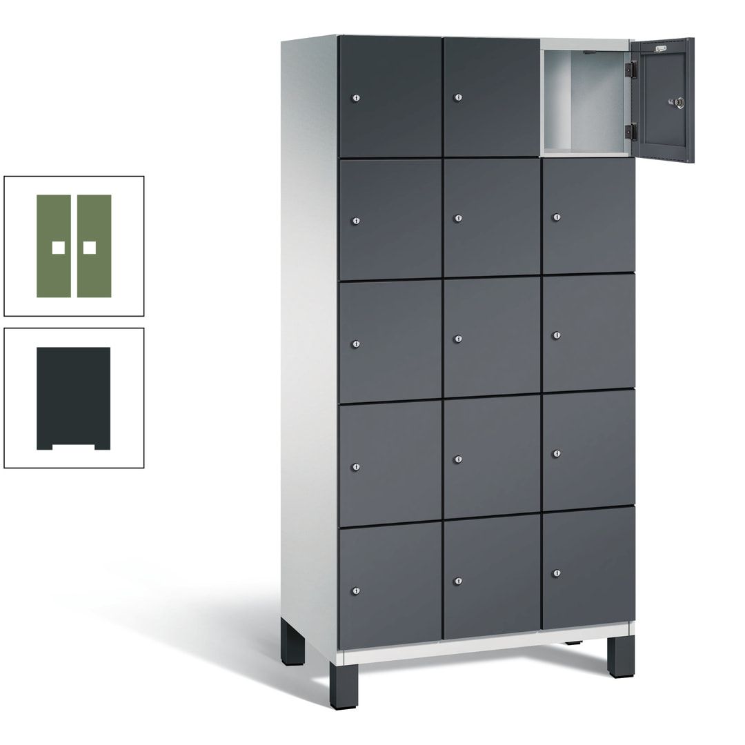 Fächerschrank, Stahlschrank, 15 Fächer, Türöffnungsbegrenzer, Füße, 1.980 x 900 x 525 mm (HxBxT), Korpus anthrazitgrau, Front anthrazitgrau