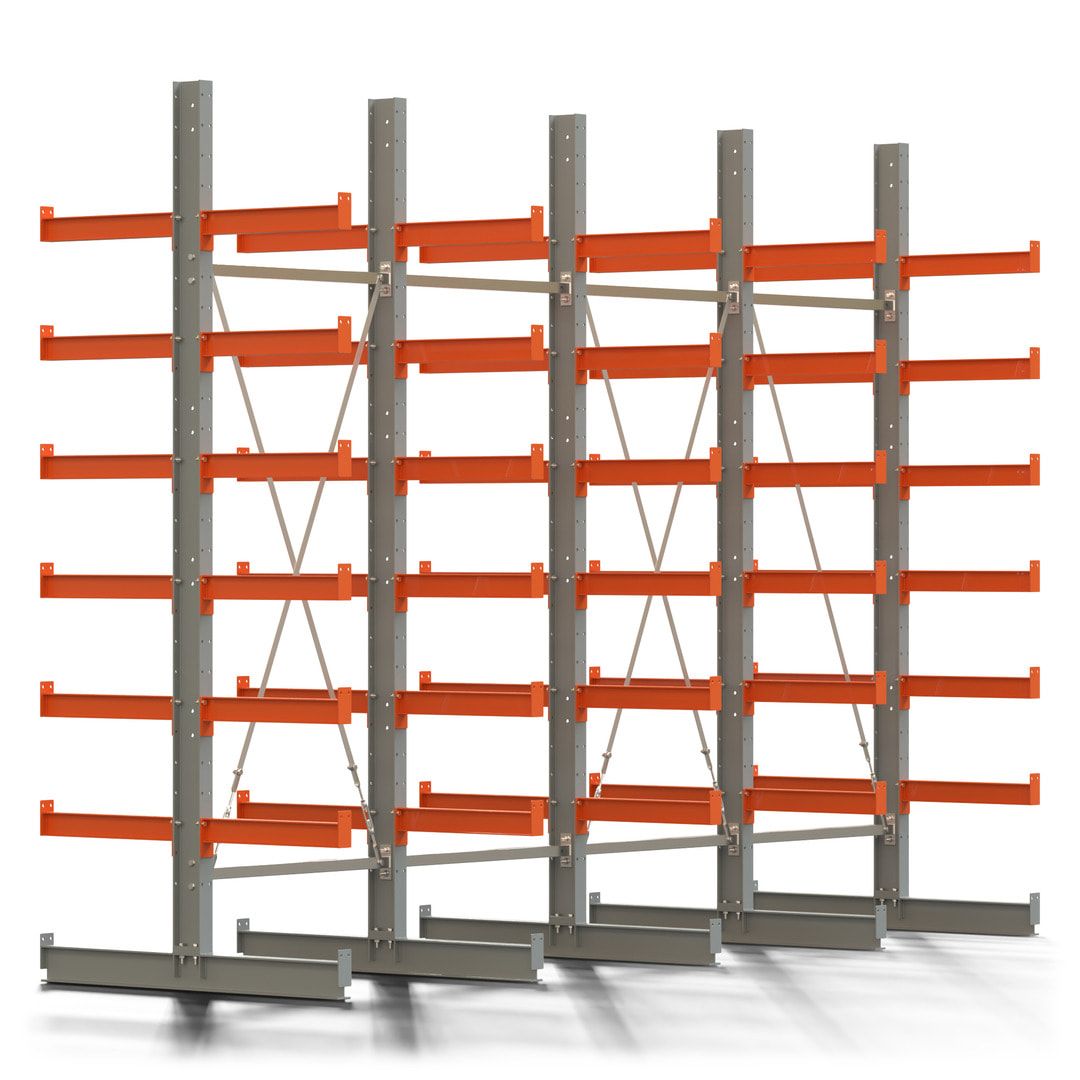 Doppelseitiges Kragarmregal, 2 Felder, 3.000 x 2.000 x 1.120 mm (HxBxT), Nutztiefe 500 mm, Kragarmlast 870 kg, KARL basic, silbergrau/reinorange