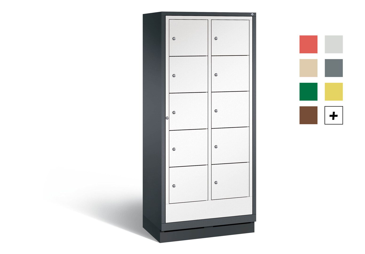 Wäscheschrank, Ausgabeschrank, Fächerschrank, Zentraltür, Sockel, 10 Fächer, Korpus Pastellgelb, Tür anthrazitgrau, 1.800 x 810 x 500 mm (HxBxT)