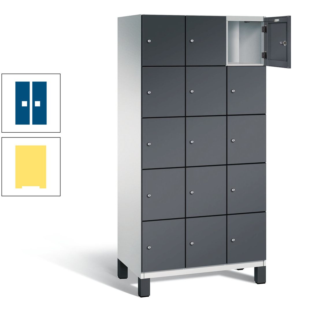 Fächerschrank, Stahlschrank, 15 Fächer, Türöffnungsbegrenzer, Füße, 1.980 x 900 x 525 mm (HxBxT), Korpus anthrazitgrau, Front anthrazitgrau