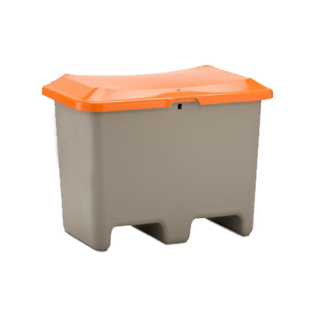 Streugutbehälter für Streusalz, Futtermittel, mit Staplersockel (Einfahrtaschen), 200 l Volumen, 690 x 890 x 600 mm (HxBxT), grau/orange, aus GFK