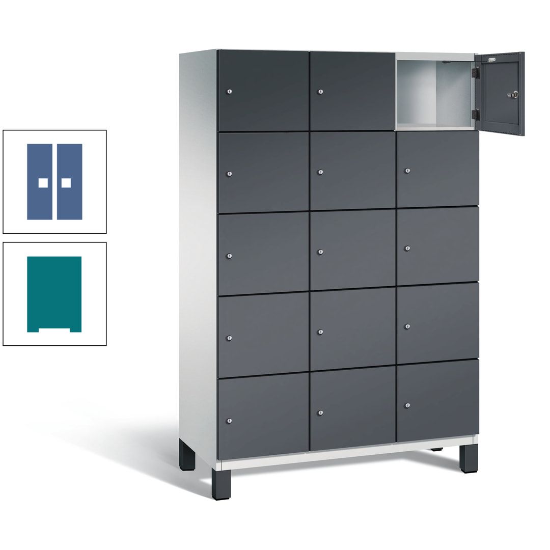 Fächerschrank, Stahlschrank, 15 Fächer, Türöffnungsbegrenzer, Füße, 1.980 x 1.200 x 525 mm (HxBxT), Korpus anthrazitgrau, Front anthrazitgrau