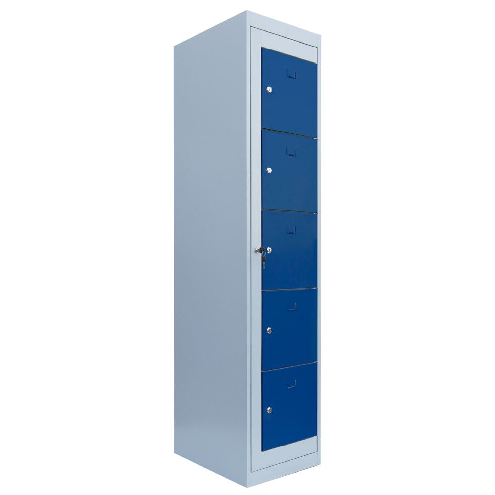 Verteilerschrank, Ausgabeschrank, Fächerschrank, Zentraltür, 1 Abteil, 5 Fächer, 1.800 x 400 x 500 mm (HxBxT), Korpus lichtgrau, Front enzianblau
