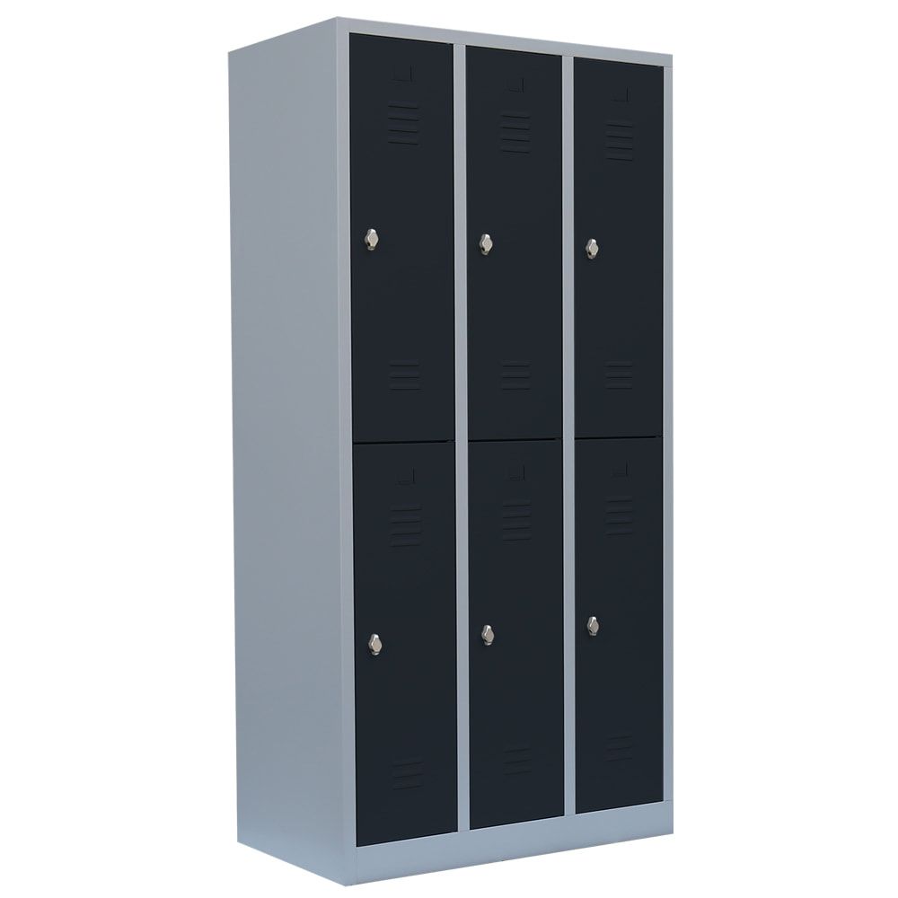 Garderobenschrank, Doppelstockspind, 3 Abteile, 6 Fächer, 1.800 x 885 x 500 mm (HxBxT), Stahl, Drehriegel, Korpus: lichtgrau, Front: anthrazitgrau