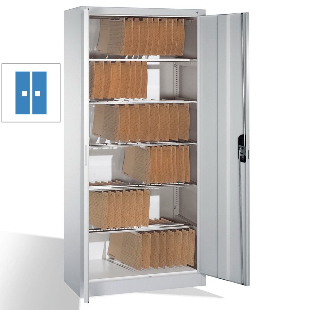 Büroschrank, Aktenschrank mit 6 Pendelstangen, für Elba/Leitz Pendelmappen, Korpusfarbe lichtgrau, Türfarbe enzianblau, 1.950 x 930 x 400 mm (HxBxT)
