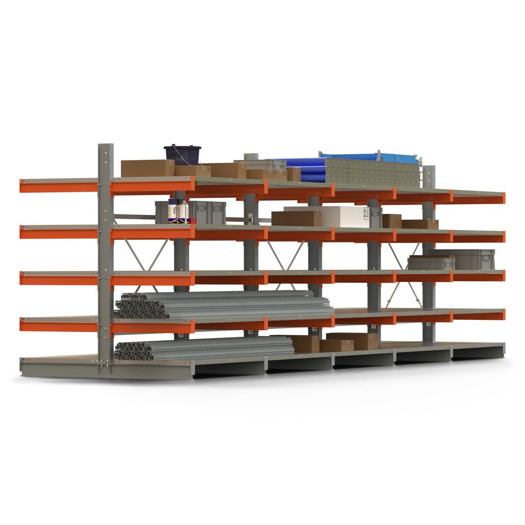 Doppelseitiges Kragarmregal mit Fachböden, 2 Felder, 2.000 x 2.560 (HxB), Nutztiefe 1.000 mm, Kragarmlast 450 kg, KARL basic, silbergrau/reinorange