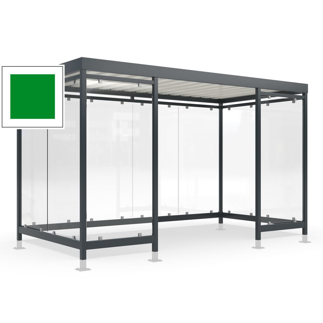 Raucherunterstand für 12-13 Personen, Bushaltestelle, mit Überpflasterung, 2.440 x 4.195 x 2.165 mm (HxBxT), 10 Wände, Achatgrau