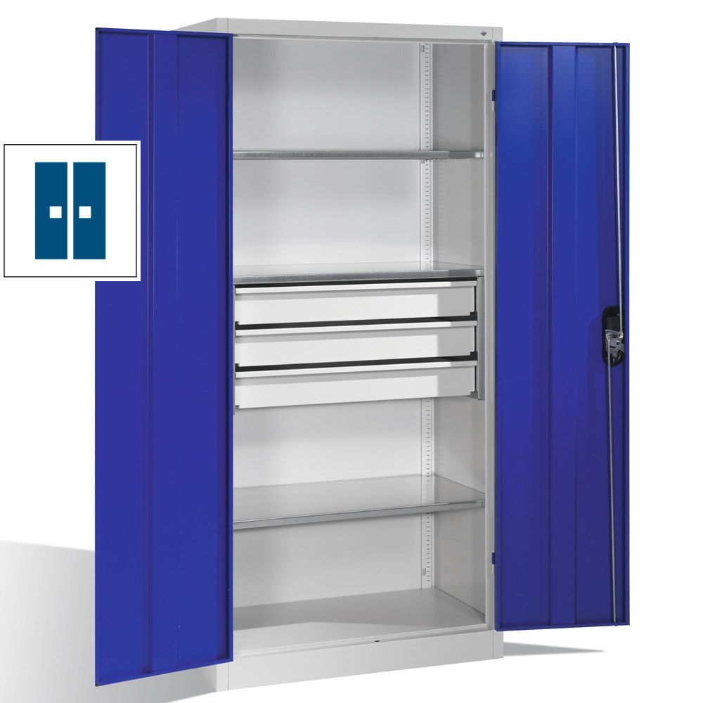 C+P Großraum Werkzeugschrank, Maschinenschrank, 3 Fachböden, 3 Schubladen mittig, Farbe lichtgrau, 1.950 x 1.200 x 500 (HxBxT)