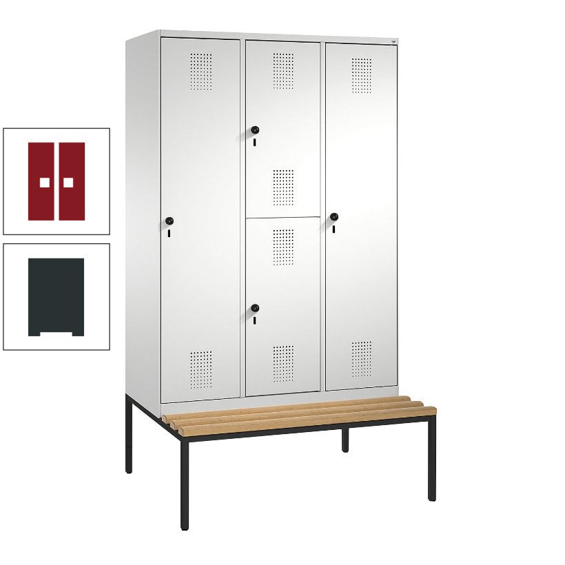 Garderobenschrank, Spind ein- und doppelstöckig Sitzbank, 3 Abteile, 4 Fächer, 2.090x1.200x500 mm (HxBxT), Front anthrazitgrau, Korpus anthrazitgrau