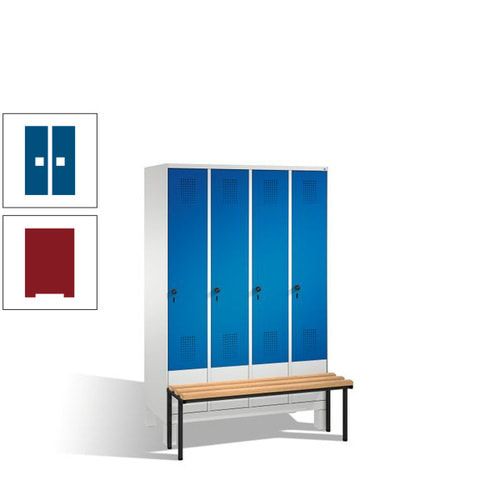 Stahl-Garderobenschrank, Spind, Buche Sitzbank vorgebaut, 4 Abteile a 300 mm, Korpus Lichtgrün, Tür Schwefelgelb, 1.850 x 1.200 x 815 mm (HxBxT)
