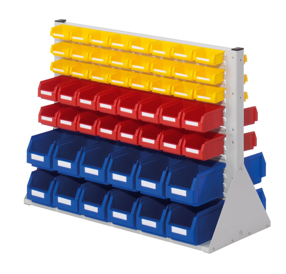 Stationäre Regalwand - Schlitzwand für Sichtlagerkästen - beidseitig - mit 104 Kästen bestückt - 760 x 1.000 x 430 mm (HxBxT)