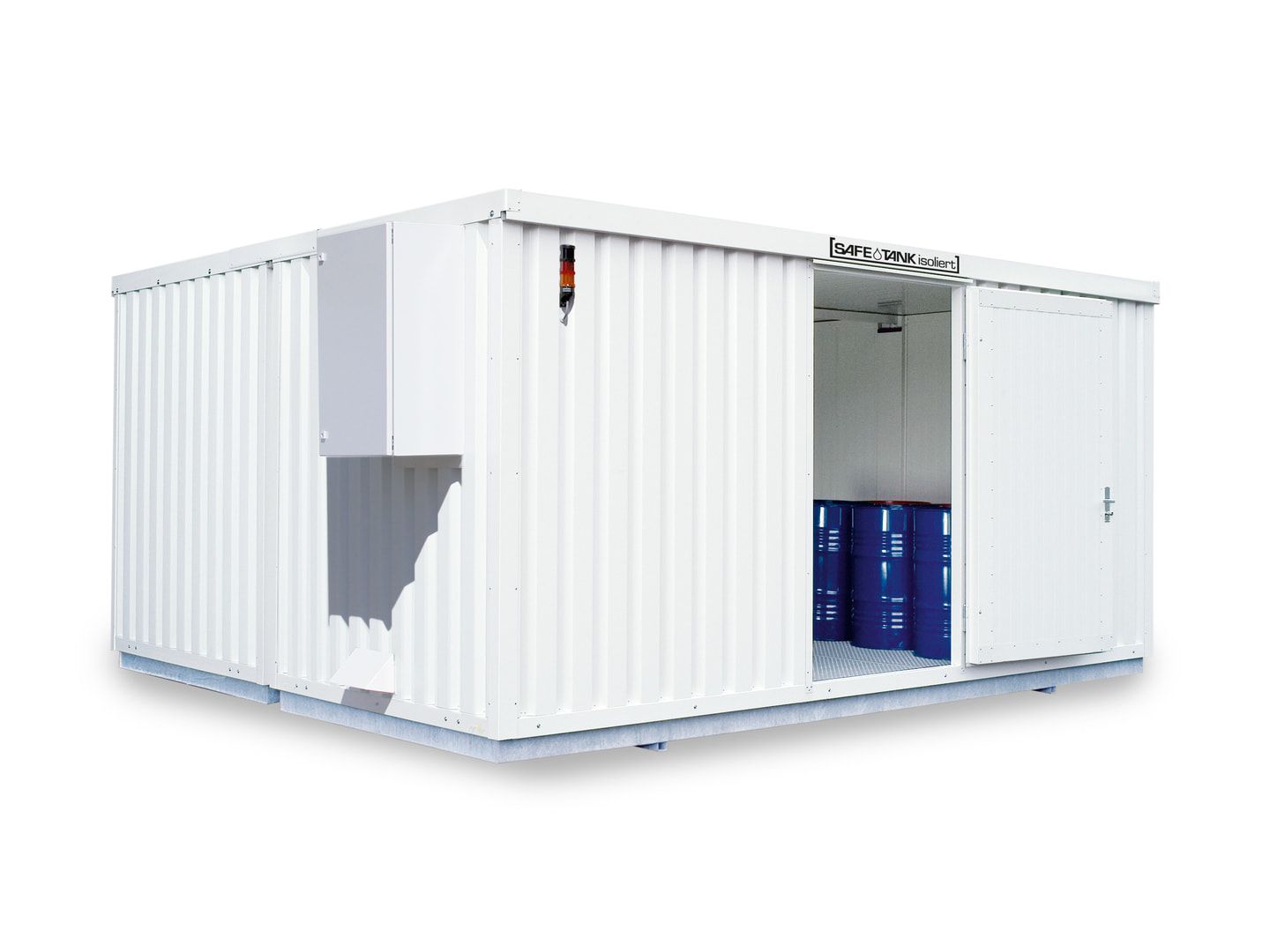 Isolierter Gefahrstoffcontainer - 2.520 x 5.050 x 4.340 mm (HxBxT) - Auffangvolumen 2 x 1.480 l - Lüftersteuerung - Doppelflügeltür kurze Seite