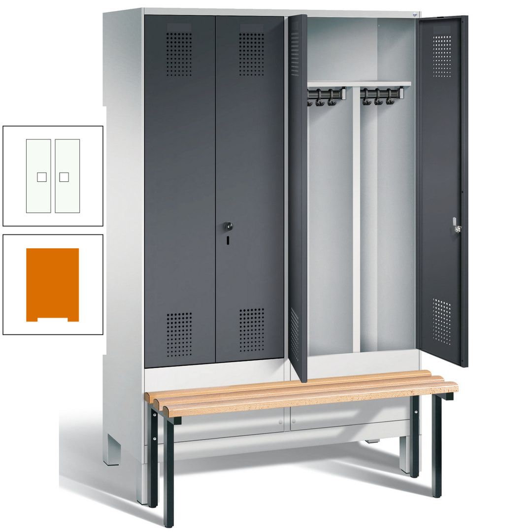 Doppel-Spind, Garderobenschrank, Buche Sitzbank vorgebaut, 4 Abteile a 300 mm, Korpus feuerrot, Tür Wasserblau, 1.850 x 1.200 x 815 mm (HxBxT)