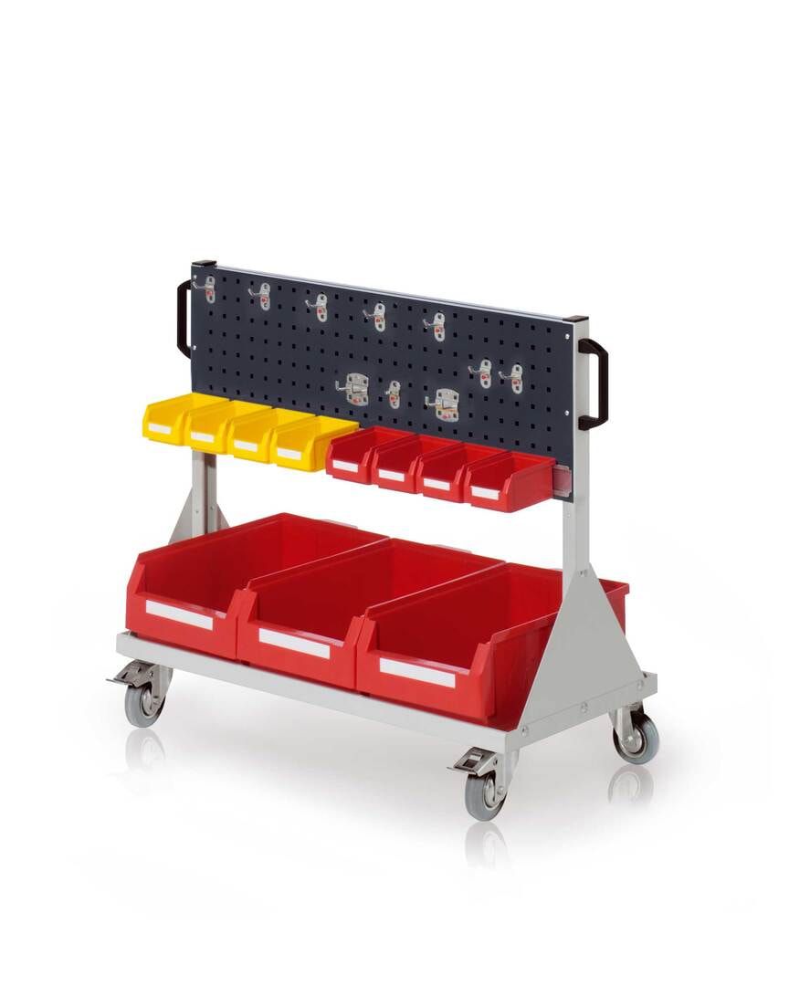 Mobiler Rollwagen mit 10 Haltern und 11 Sichtlagerkästen, Lochplatte, Werkzeugwand, 890 x 1.000 x 500 mm (HxBxT), Anthrazitgrau
