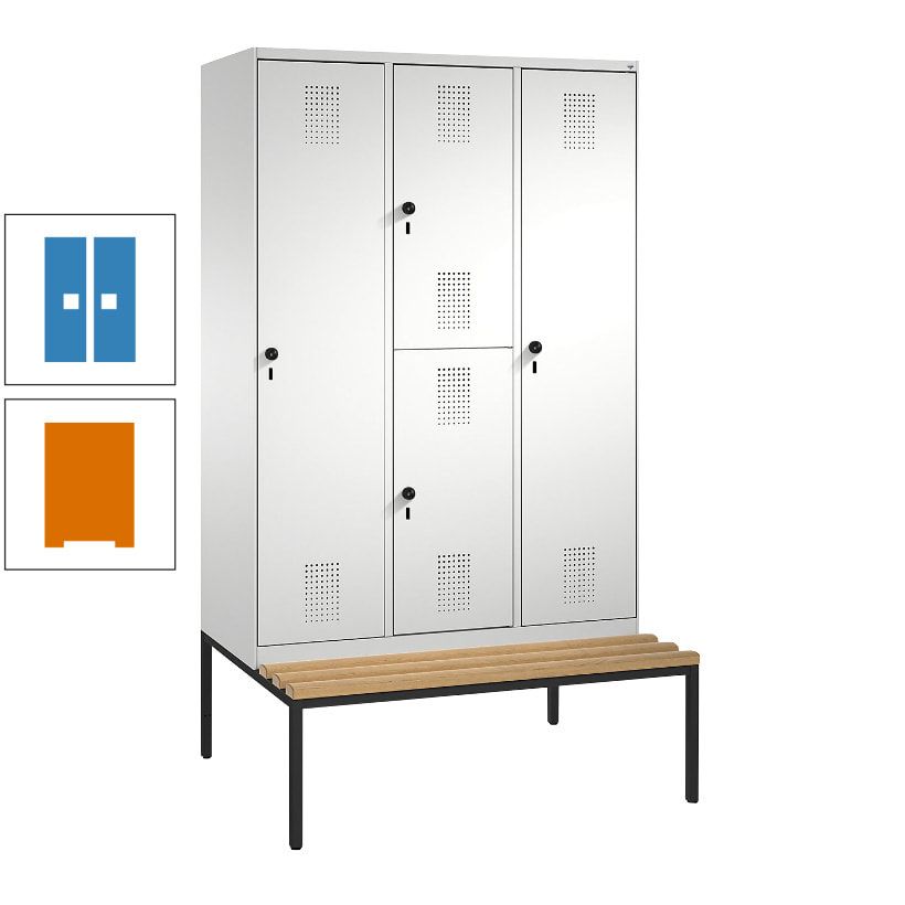 Garderobenschrank, Spind ein- und doppelstöckig Sitzbank, 3 Abteile, 4 Fächer, 2.090x1.200x500 mm (HxBxT), Front anthrazitgrau, Korpus anthrazitgrau